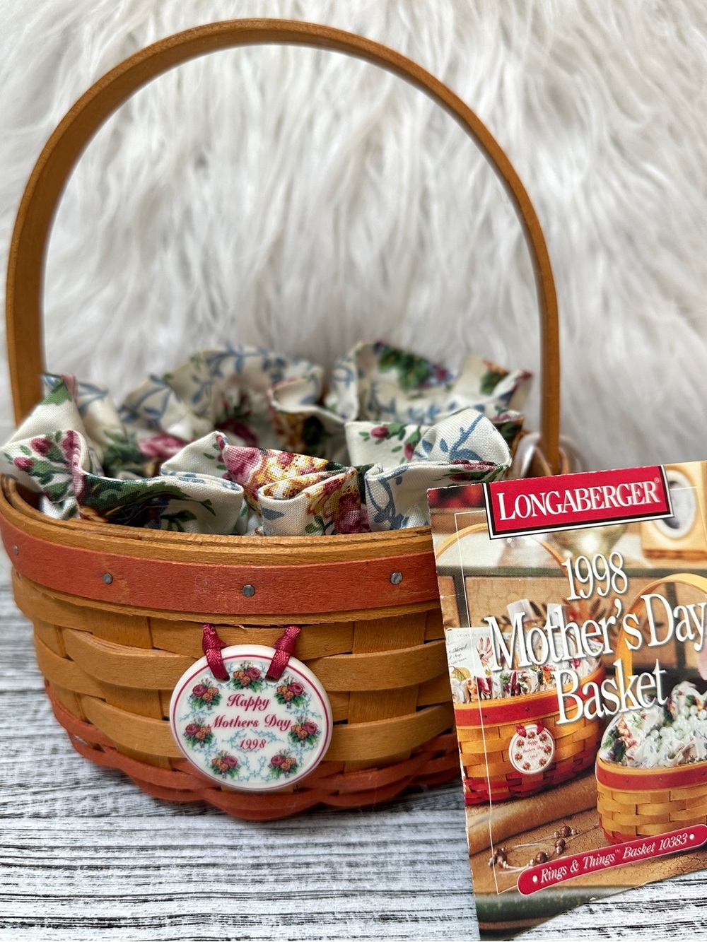 Longaberger 1998 Happy Mother’s Day Basket w/ Floral Fabric Liner & Tie On